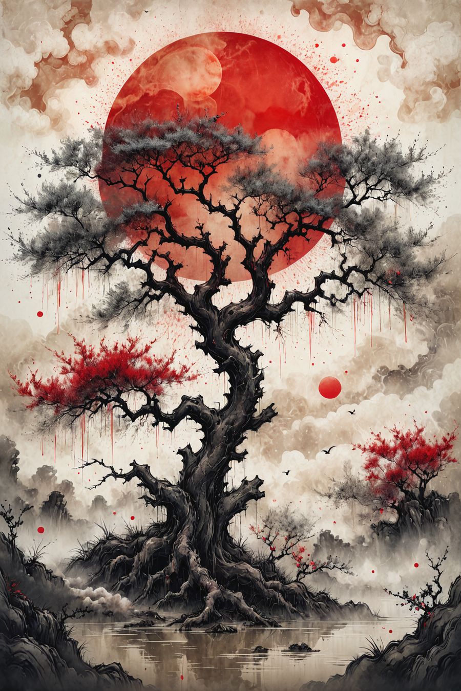 In a serene and evocative composition, the picture features an old tree painted with Chinese ink. The artwork captures the timeless beauty and strength of the tree, using traditional brushwork techniques to convey a sense of elegance and natural harmony.