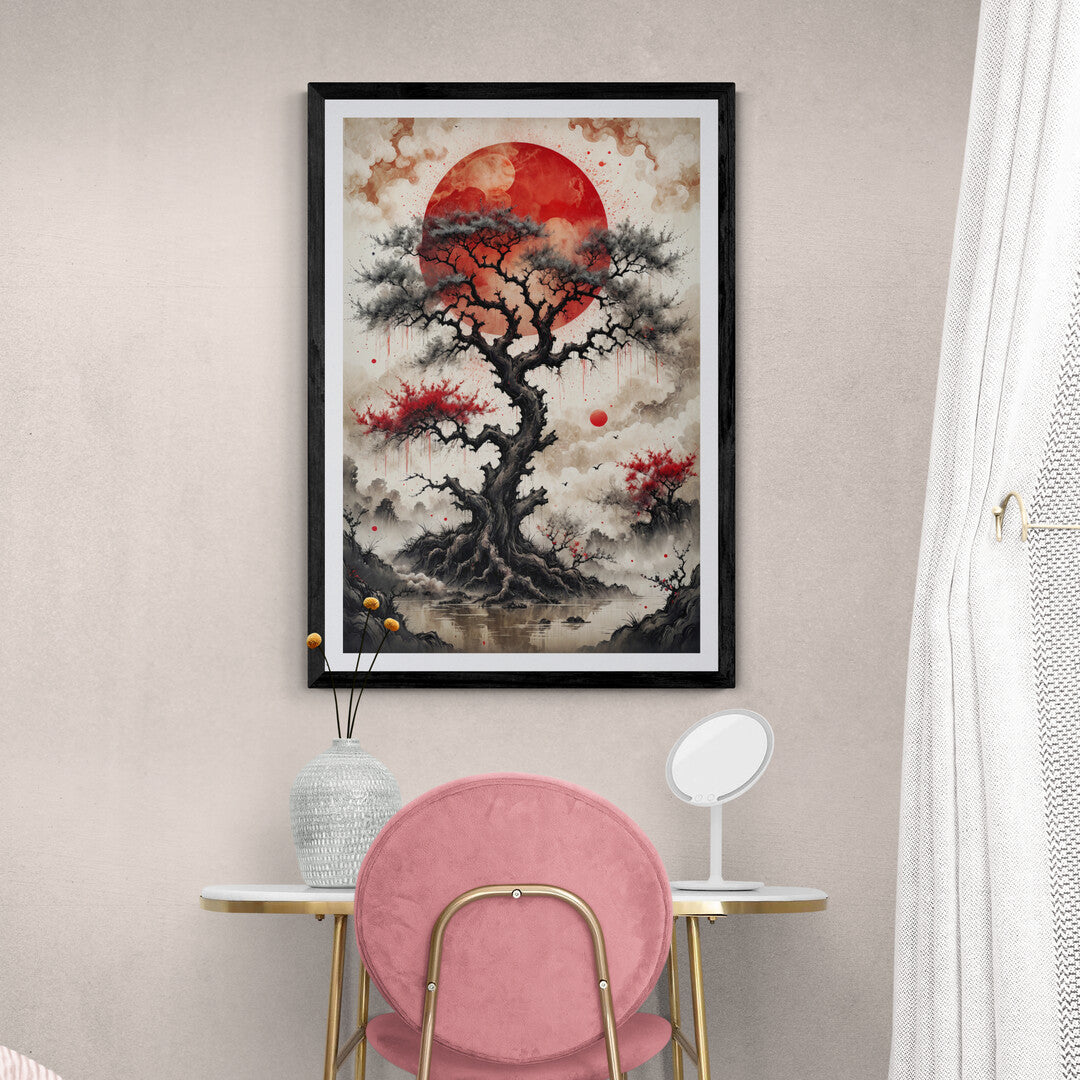 In a serene and evocative composition, the picture features an old tree painted with Chinese ink. The artwork captures the timeless beauty and strength of the tree, using traditional brushwork techniques to convey a sense of elegance and natural harmony.