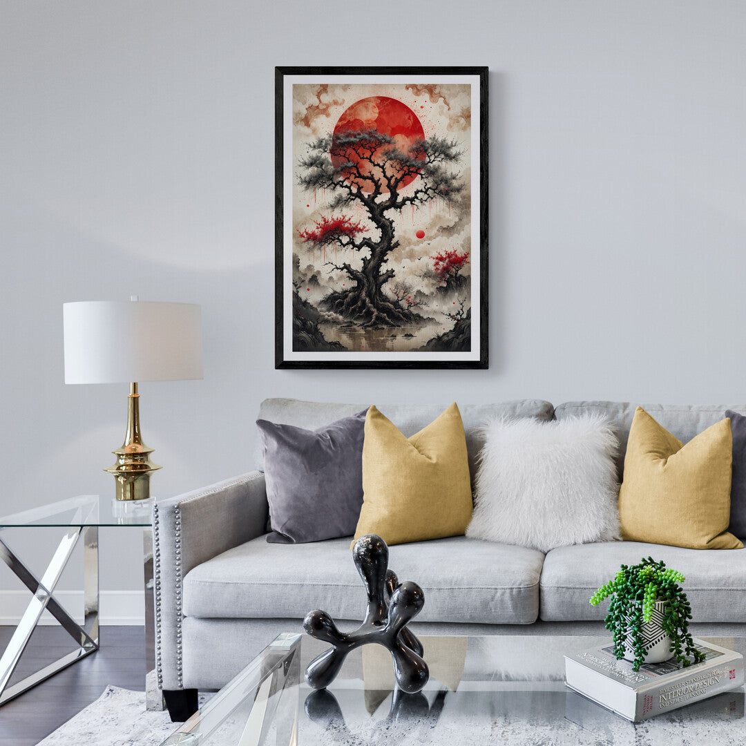 In a serene and evocative composition, the picture features an old tree painted with Chinese ink. The artwork captures the timeless beauty and strength of the tree, using traditional brushwork techniques to convey a sense of elegance and natural harmony.