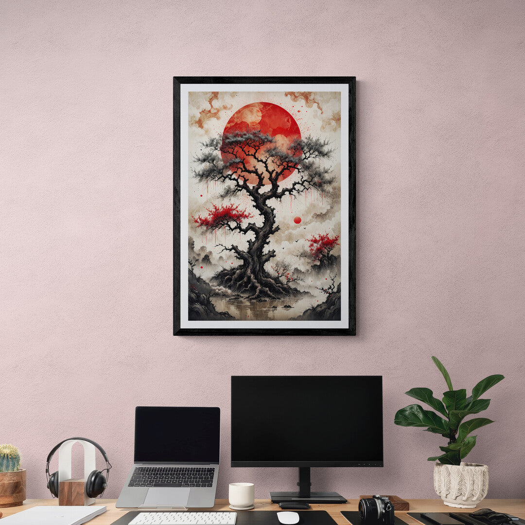 In a serene and evocative composition, the picture features an old tree painted with Chinese ink. The artwork captures the timeless beauty and strength of the tree, using traditional brushwork techniques to convey a sense of elegance and natural harmony.