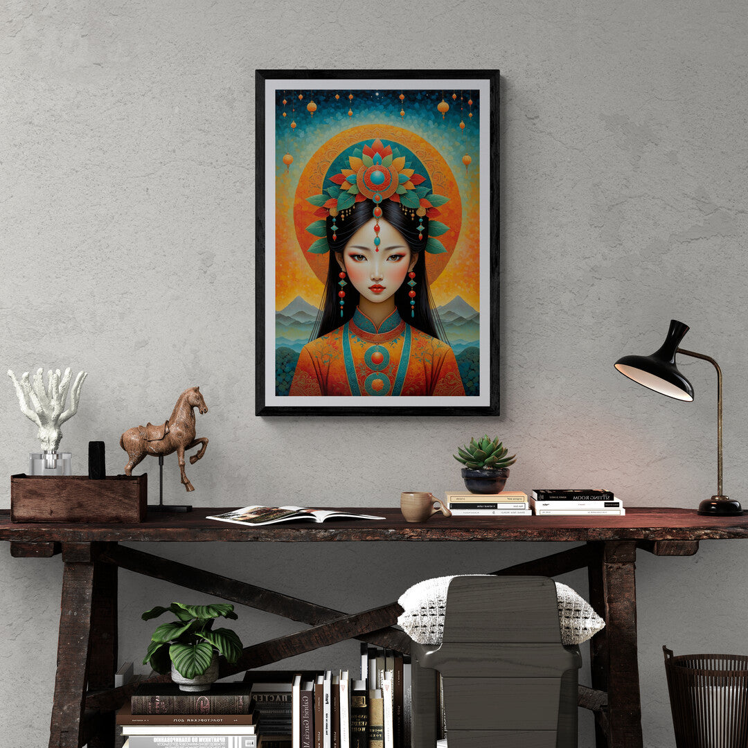 In a captivating and visually striking composition, the picture features an oriental young lady set against an abstract background. The young lady is depicted with a serene and composed expression, her features reflecting traditional beauty and grace.