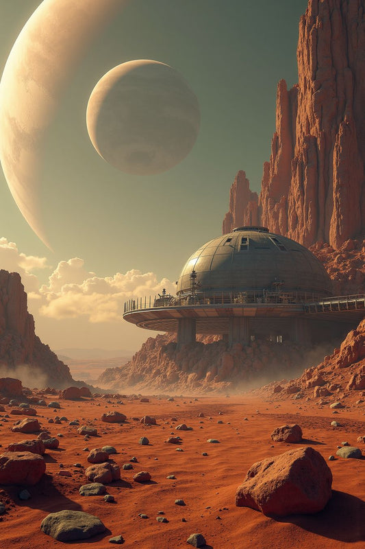 The image depicts a science fiction landscape, likely on an alien planet. The terrain is rocky and desert-like, with large red rock formations similar to those found in a Martian environment or the American Southwest. Dominating the sky is a large celestial body, resembling a moon or planet, which appears close to the surface. In the foreground, there’s a futuristic structure with a dome-like appearance that seems to be levitating above the ground.