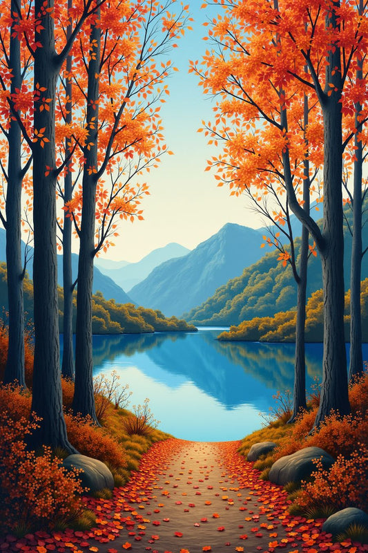 The image captures a tranquil autumn scene, where a narrow pathway covered in fallen orange leaves winds through a forest of trees adorned with vibrant orange foliage. The path, flanked by large stones, leads to a calm lake that mirrors the surrounding landscape, including the trees and distant mountains. The warm tones of the leaves and the serene water suggest a peaceful, picturesque setting, perfect for a quiet walk or reflection.