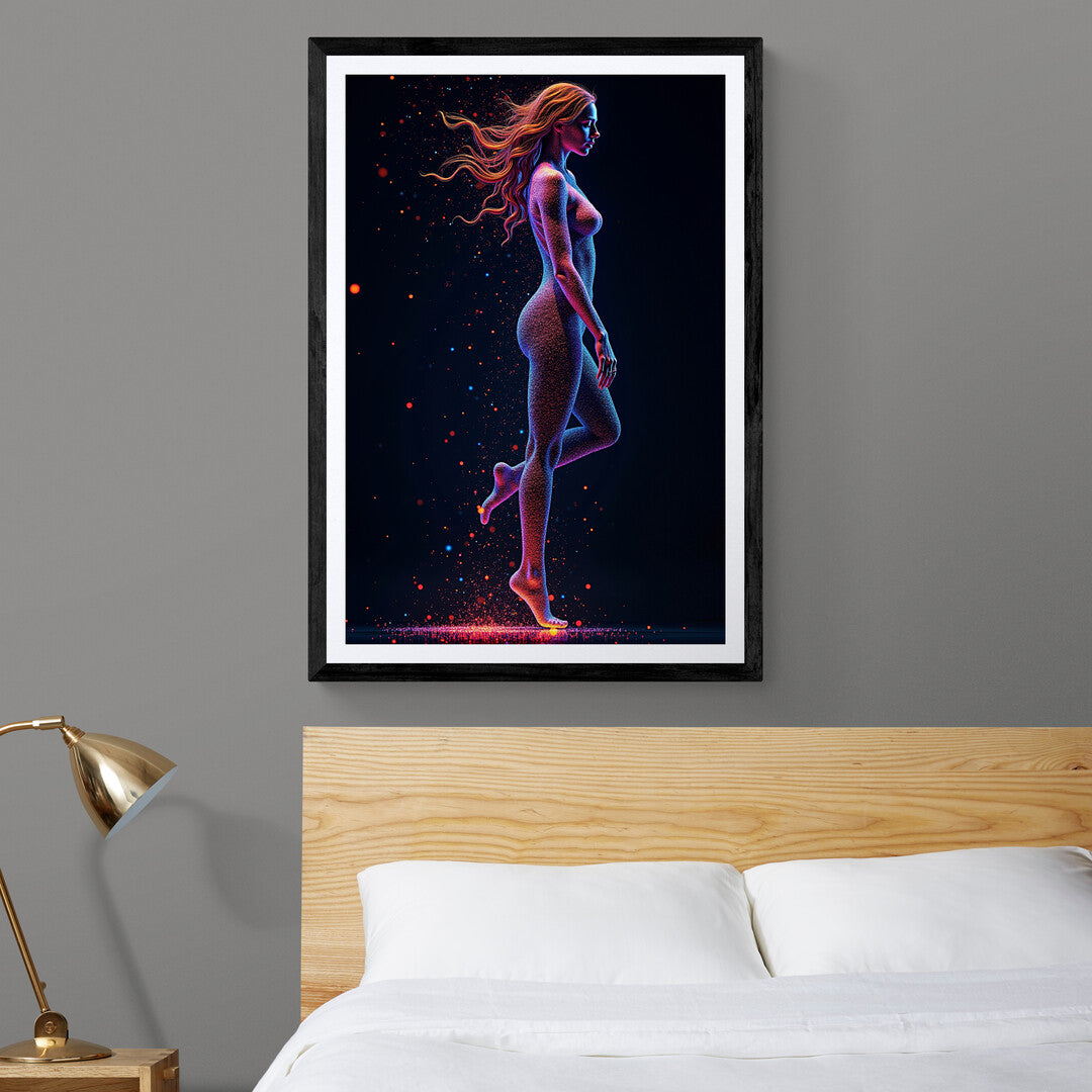 Elegant Art Print of a cosmic-inspired silhouette made of colorful particles, ideal for premium posters and Wall Art collections