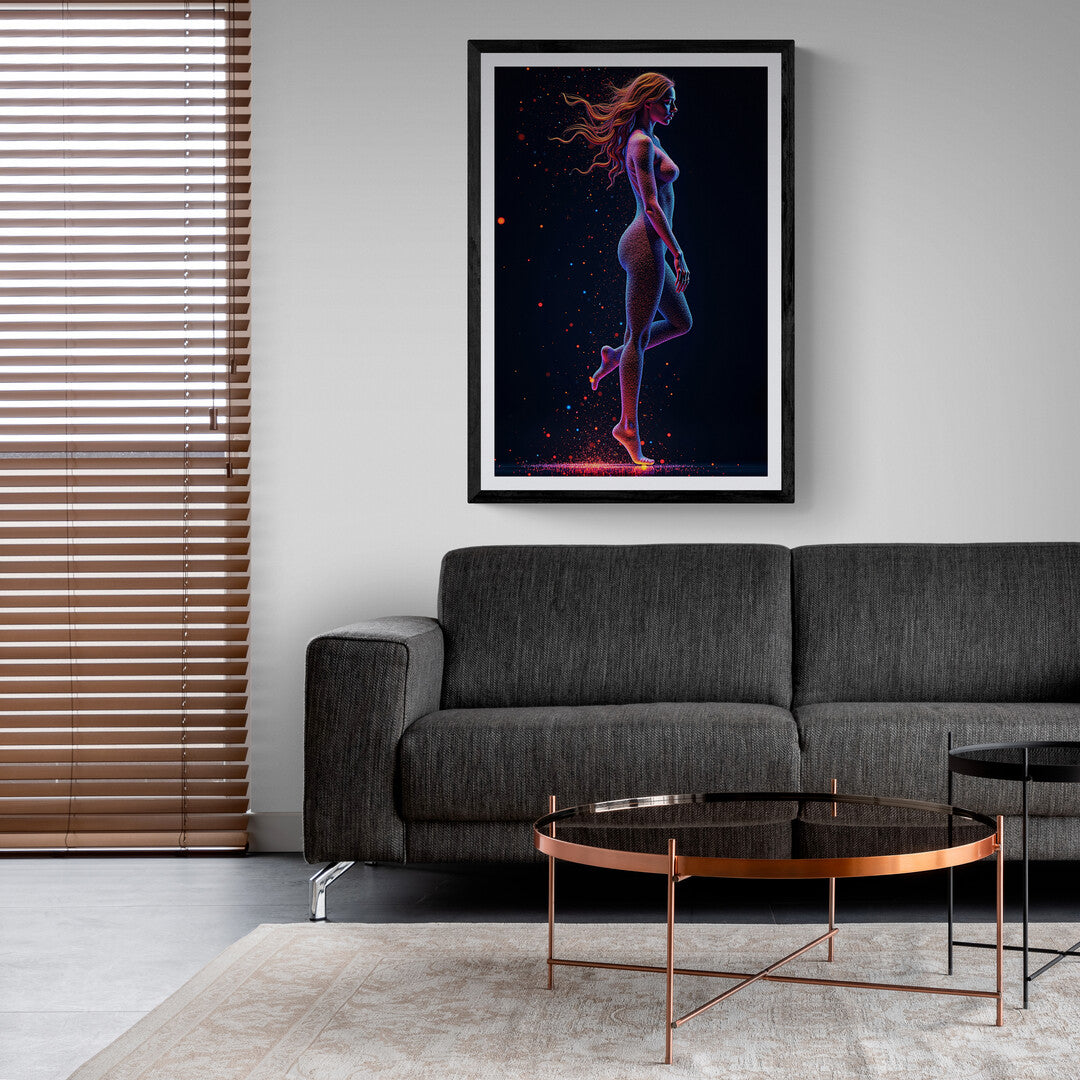 Shop online for Particle Dreams, a captivating Art Print of a glowing figure in motion, perfect for transforming your walls