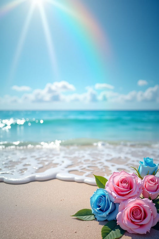 Pastel Dreams at the Beach - pastel pink and blue roses on a sandy shore with ocean waves and a rainbow under a bright sky, perfect for wall art.