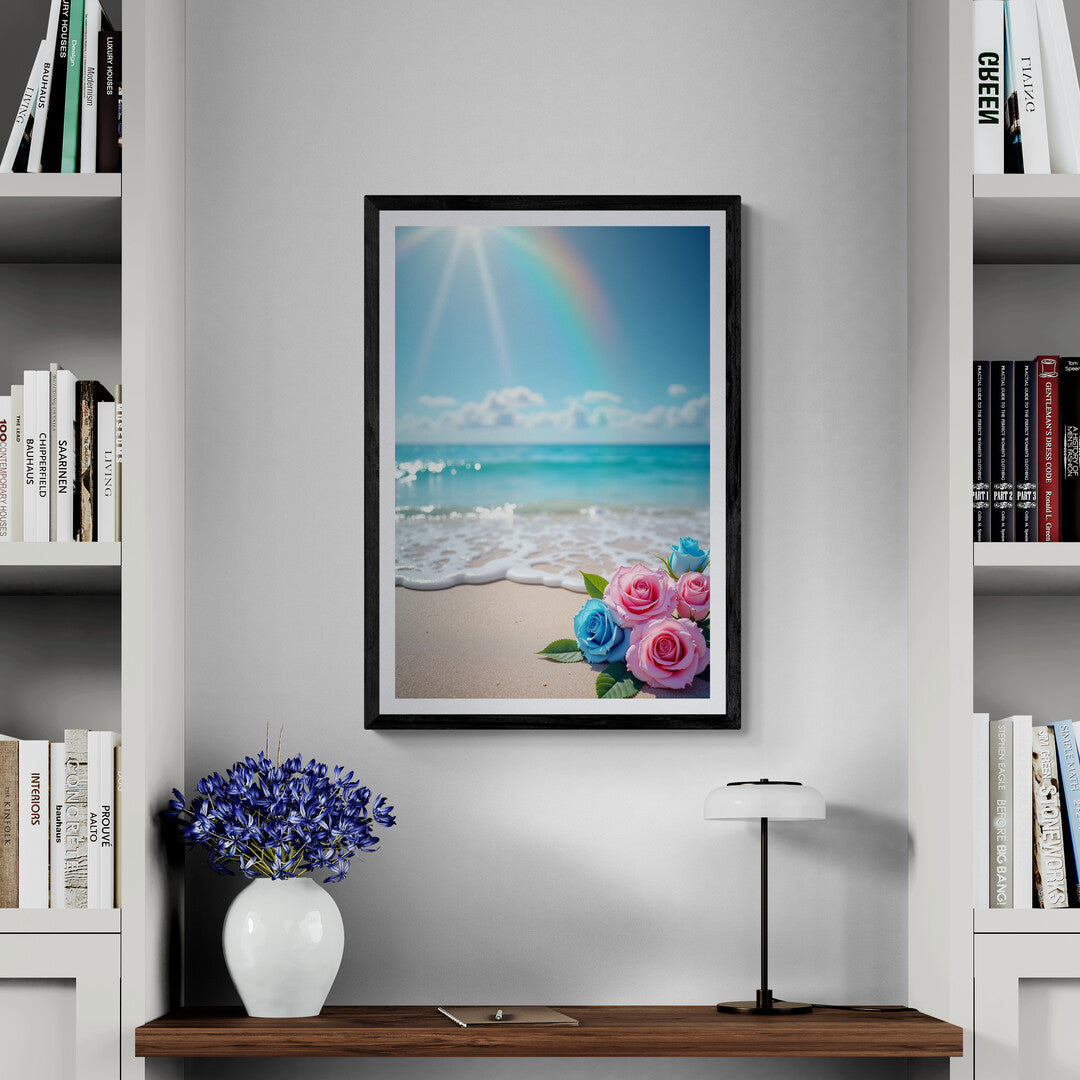 Premium wall art of pastel roses by the ocean with a rainbow, crafted for high-quality posters and home interior design