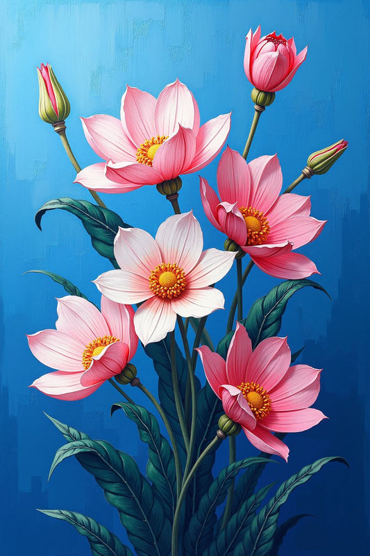 The image depicts a collection of pink flowers with prominent yellow centers, possibly lotuses, against a blue background. The flowers are at various stages of bloom, from bud to full bloom, which adds interest by showing the progression of growth. The contrast between the vibrant pink petals and the deep blue background makes the image visually striking and highlights the detailed depiction of the flowers and their leaves. The overall effect is one of natural beauty and elegance.