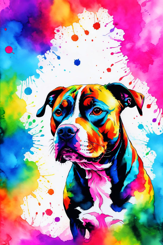 In a whimsical and imaginative scene, the picture features a Pitbull lost in a daydream, surrounded by a vibrant world of colors. The artwork captures the playful and serene nature of the dog, set against a fantastical, colorful backdrop that evokes a sense of joy and wonder.