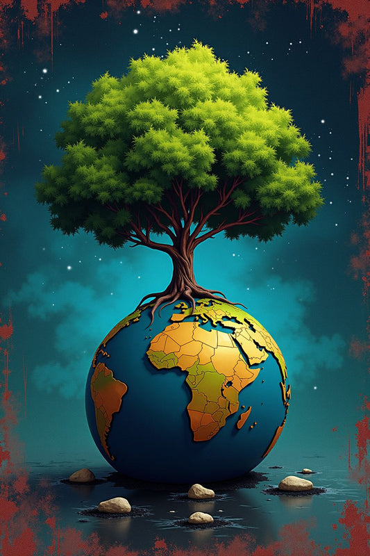 Planet Earth rooted in nature poster with a tree growing on a globe, perfect for eco-friendly home decor