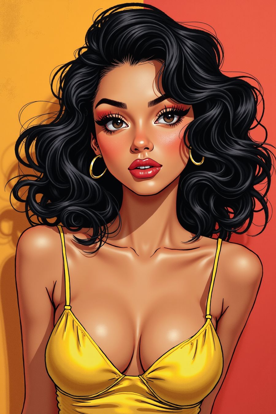 The picture features a young lady depicted in a vibrant pop art style. Her appearance is bold and colorful, with strong, contrasting colors like bright reds, blues, yellows, and blacks that dominate the composition. The lady's face is stylized, with thick, black outlines defining her features, such as her expressive eyes, arched eyebrows, and full lips, which are likely painted in a striking red.