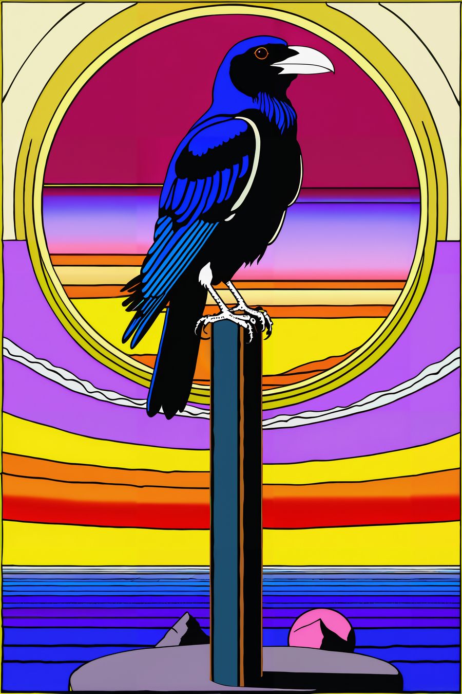 In a captivating and imaginative composition, the picture features a pop surrealistic raven perched on a pole. The artwork blends elements of surrealism with vibrant, pop art-inspired colors and whimsical details.