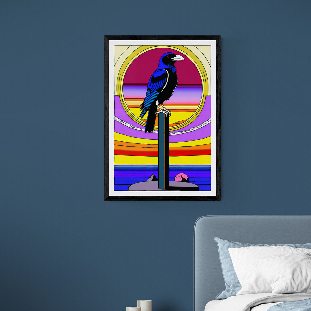 In a captivating and imaginative composition, the picture features a pop surrealistic raven perched on a pole. The artwork blends elements of surrealism with vibrant, pop art-inspired colors and whimsical details.