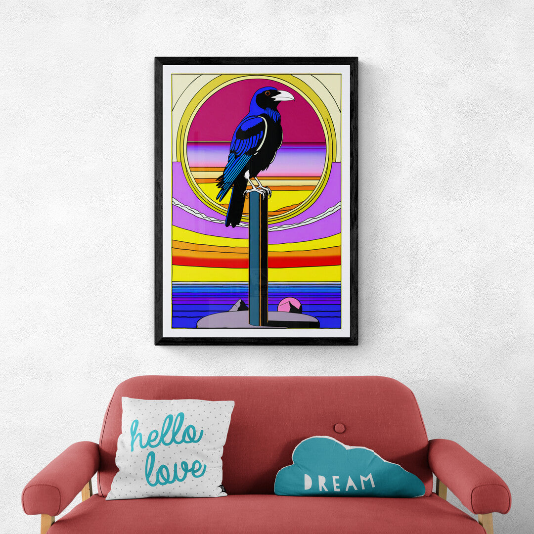 In a captivating and imaginative composition, the picture features a pop surrealistic raven perched on a pole. The artwork blends elements of surrealism with vibrant, pop art-inspired colors and whimsical details.