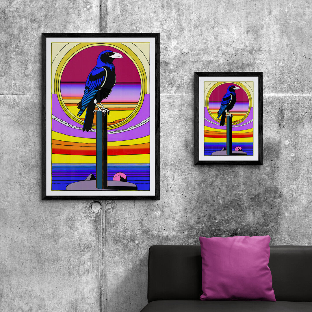 In a captivating and imaginative composition, the picture features a pop surrealistic raven perched on a pole. The artwork blends elements of surrealism with vibrant, pop art-inspired colors and whimsical details.