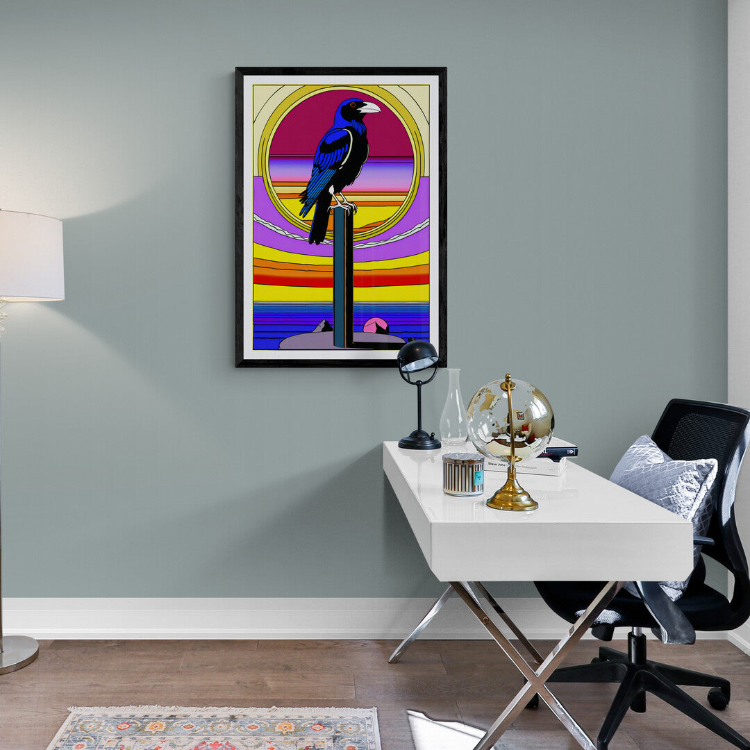 In a captivating and imaginative composition, the picture features a pop surrealistic raven perched on a pole. The artwork blends elements of surrealism with vibrant, pop art-inspired colors and whimsical details.