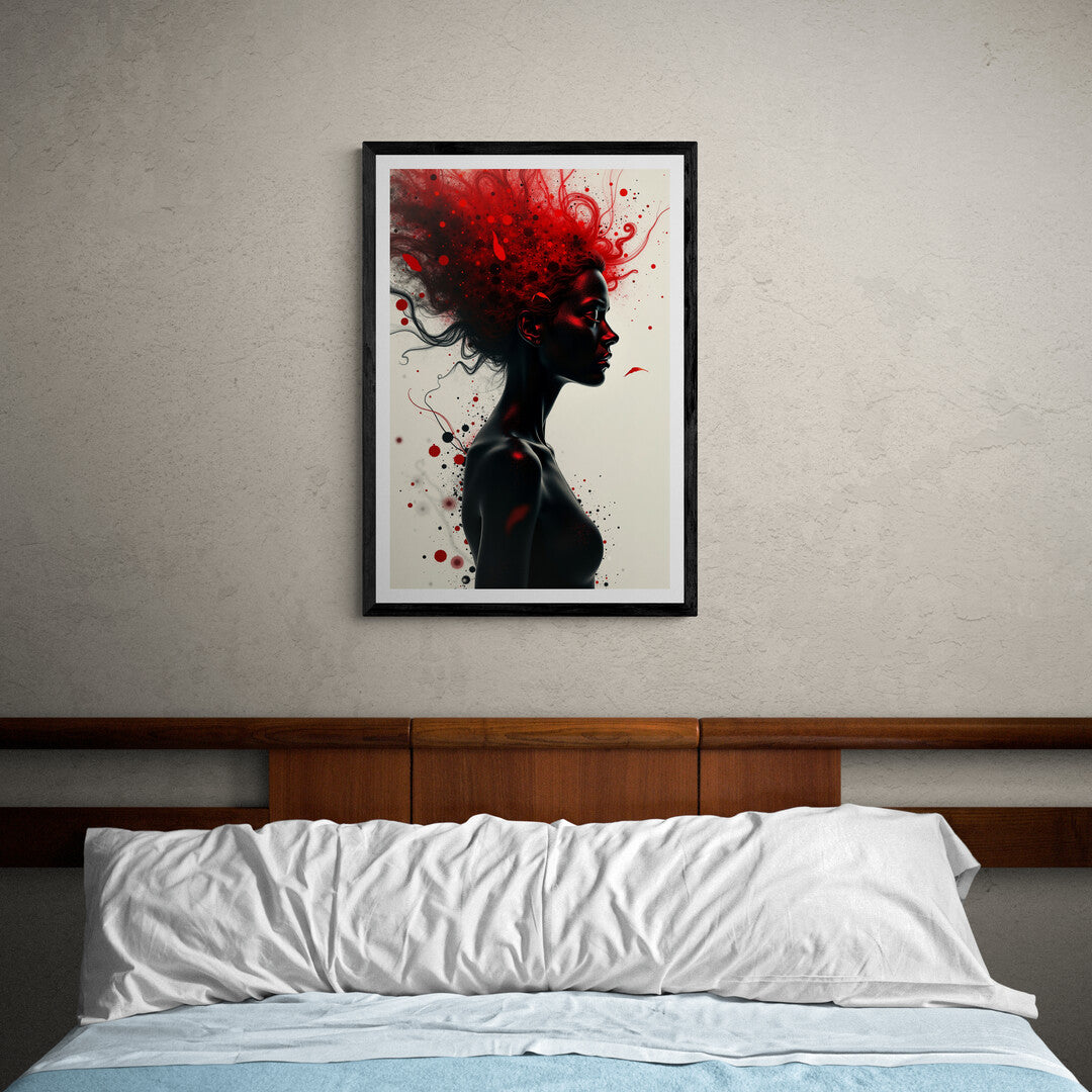 Silhouette of a figure with chaotic red and black splashes, ideal for high-quality posters and contemporary home decor.