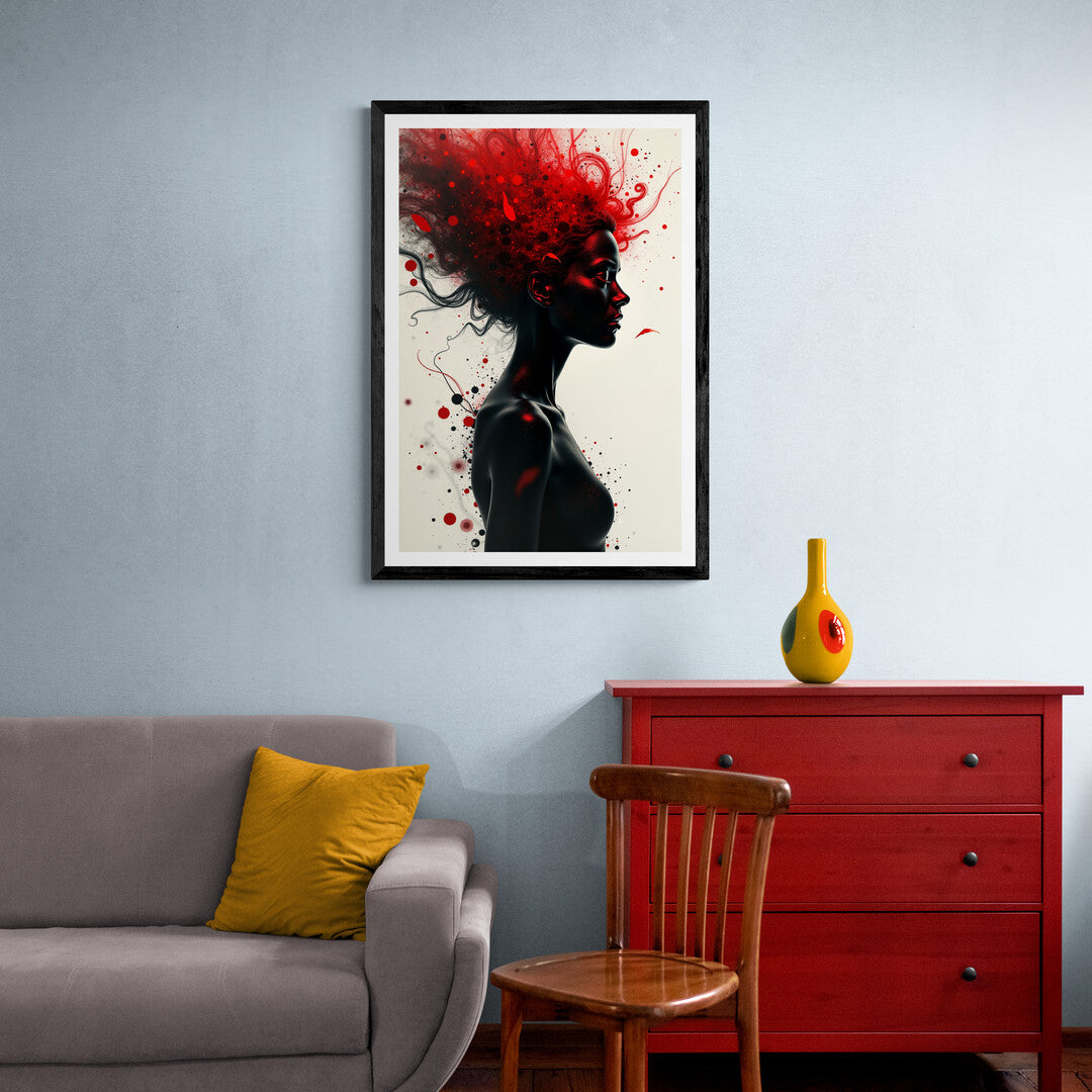 Modern abstract artwork with vibrant red and black elements, perfect for online shopping as premium posters for wall art enthusiasts.