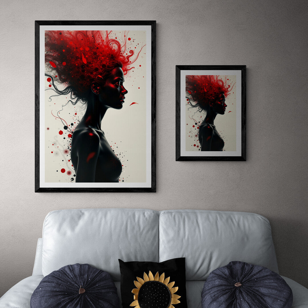 "Portrait of Chaos" premium wall art showcasing dynamic red energy, a striking choice for art prints and stylish home interiors.