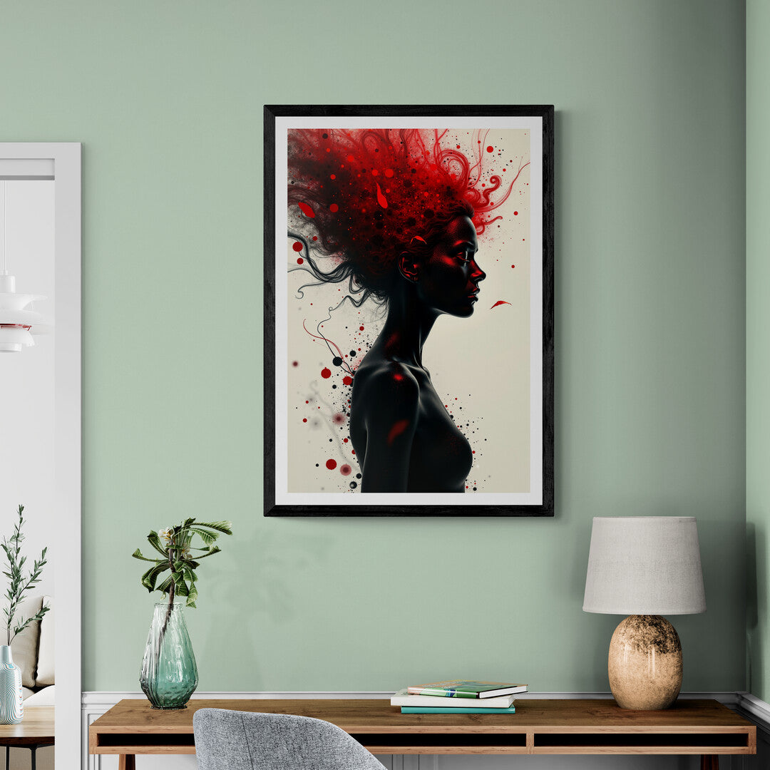 Expressive art print featuring a silhouette surrounded by red and black chaos, designed for elegant home decor and wall art collections.