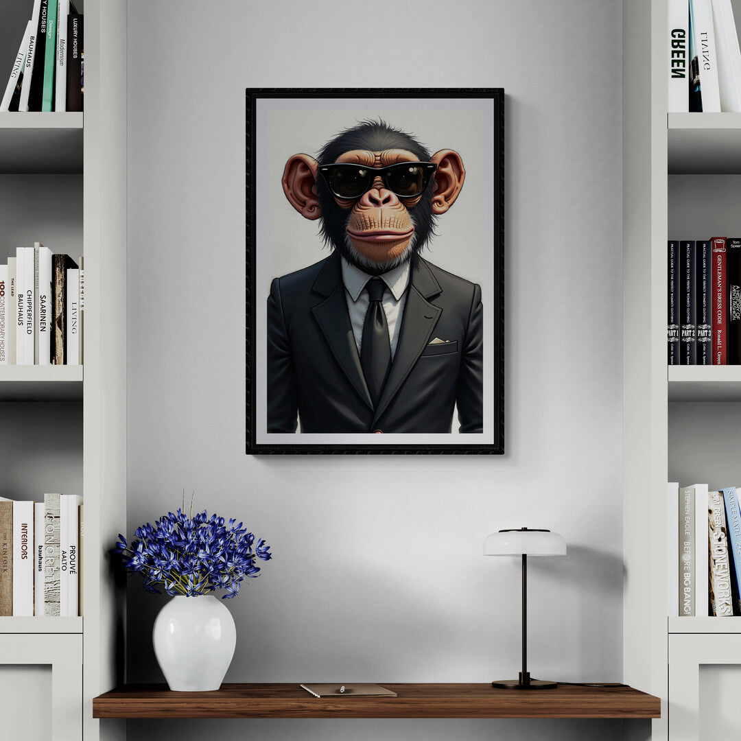 Close-up of a suited chimpanzee with sunglasses, premium poster for contemporary home decor