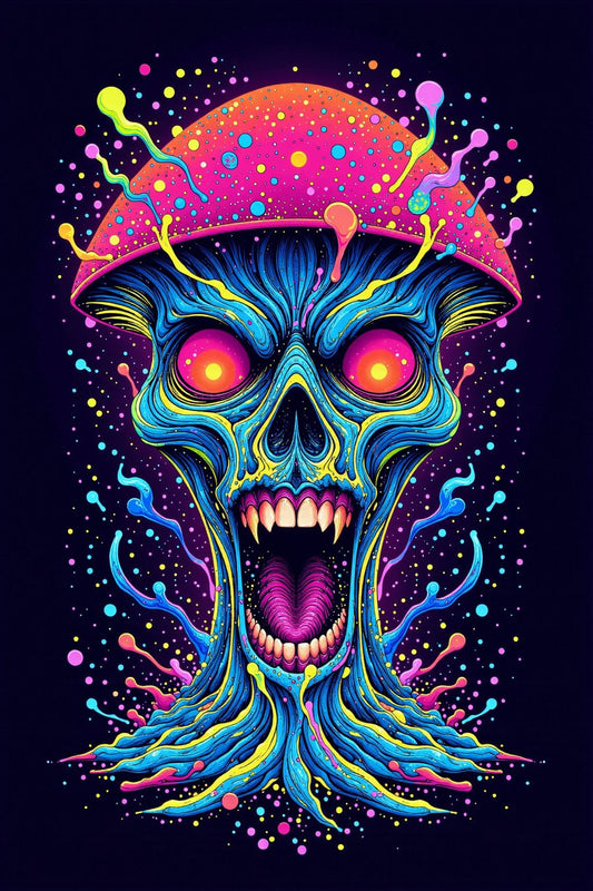 Psychedelic skull shroom poster with vibrant neon colors for unique wall art and home decor