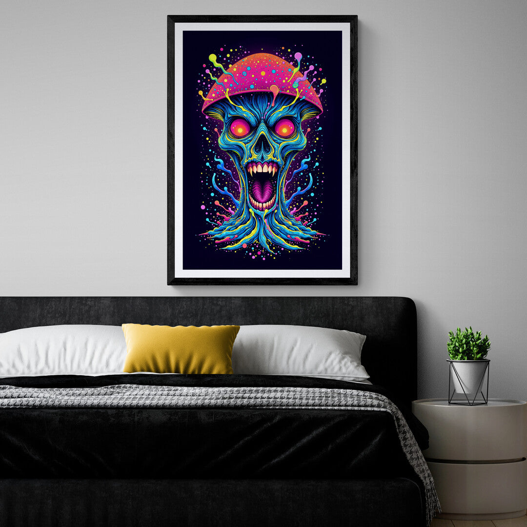 Bold and colorful art print of a skull with a mushroom cap, ideal for edgy home decor