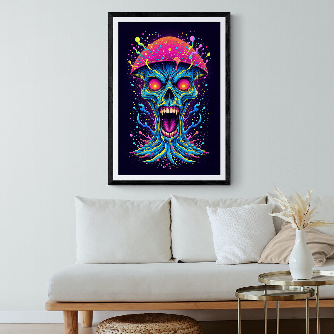 Premium psychedelic skull art print with mushroom design, great for modern home decor