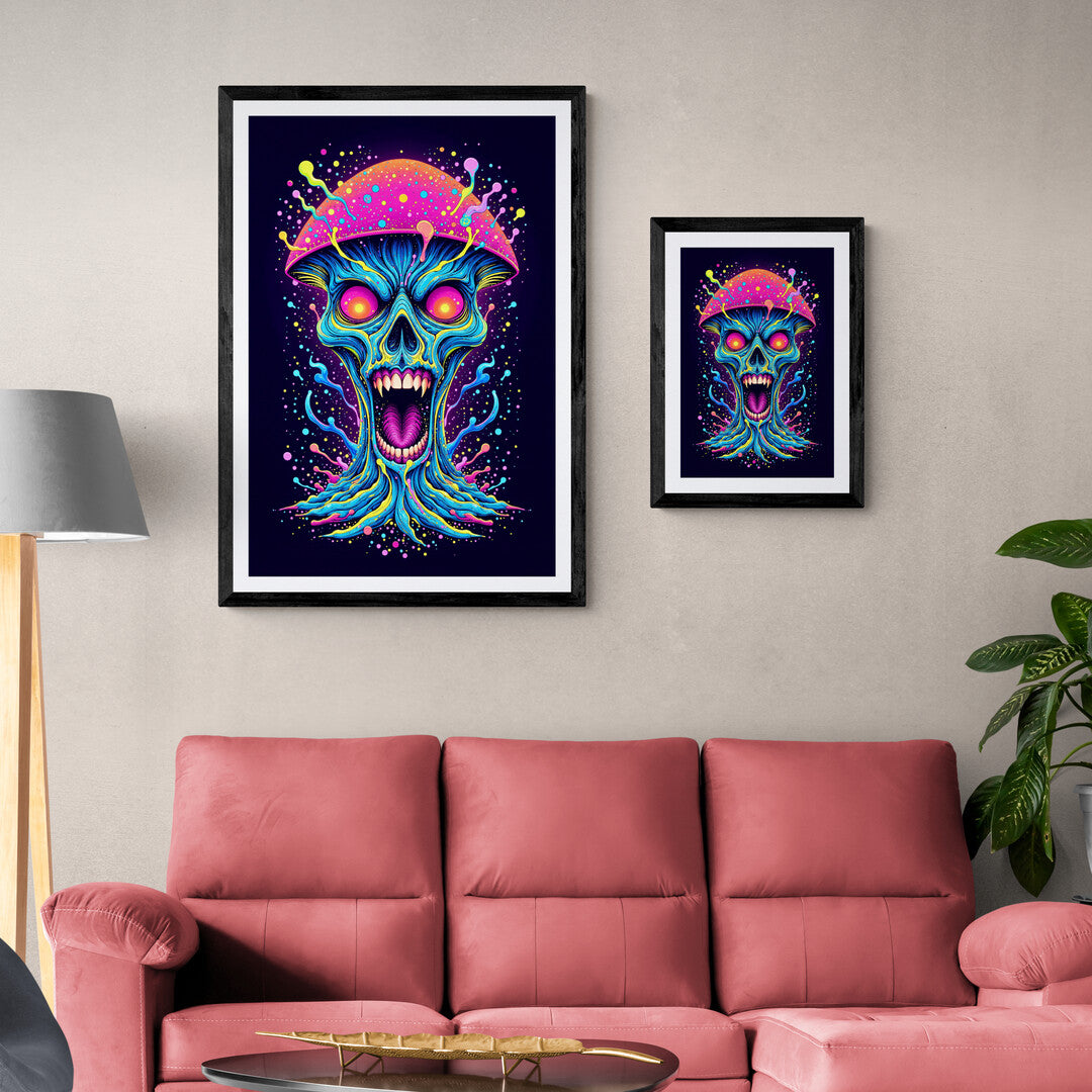 Neon skull and mushroom poster, perfect for adding a psychedelic touch to your wall art collection