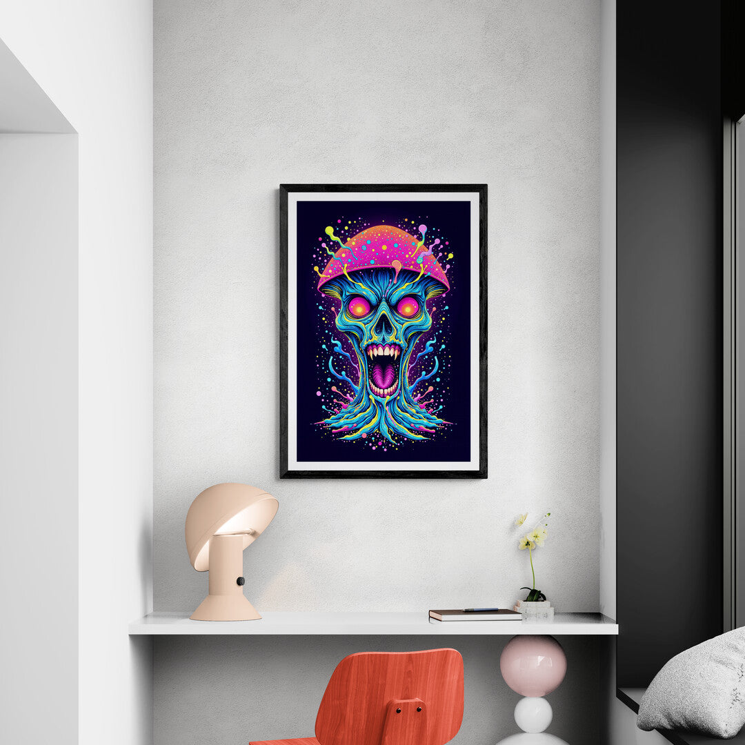 Unique skull and mushroom poster in vivid colors, ideal for alternative wall art lovers