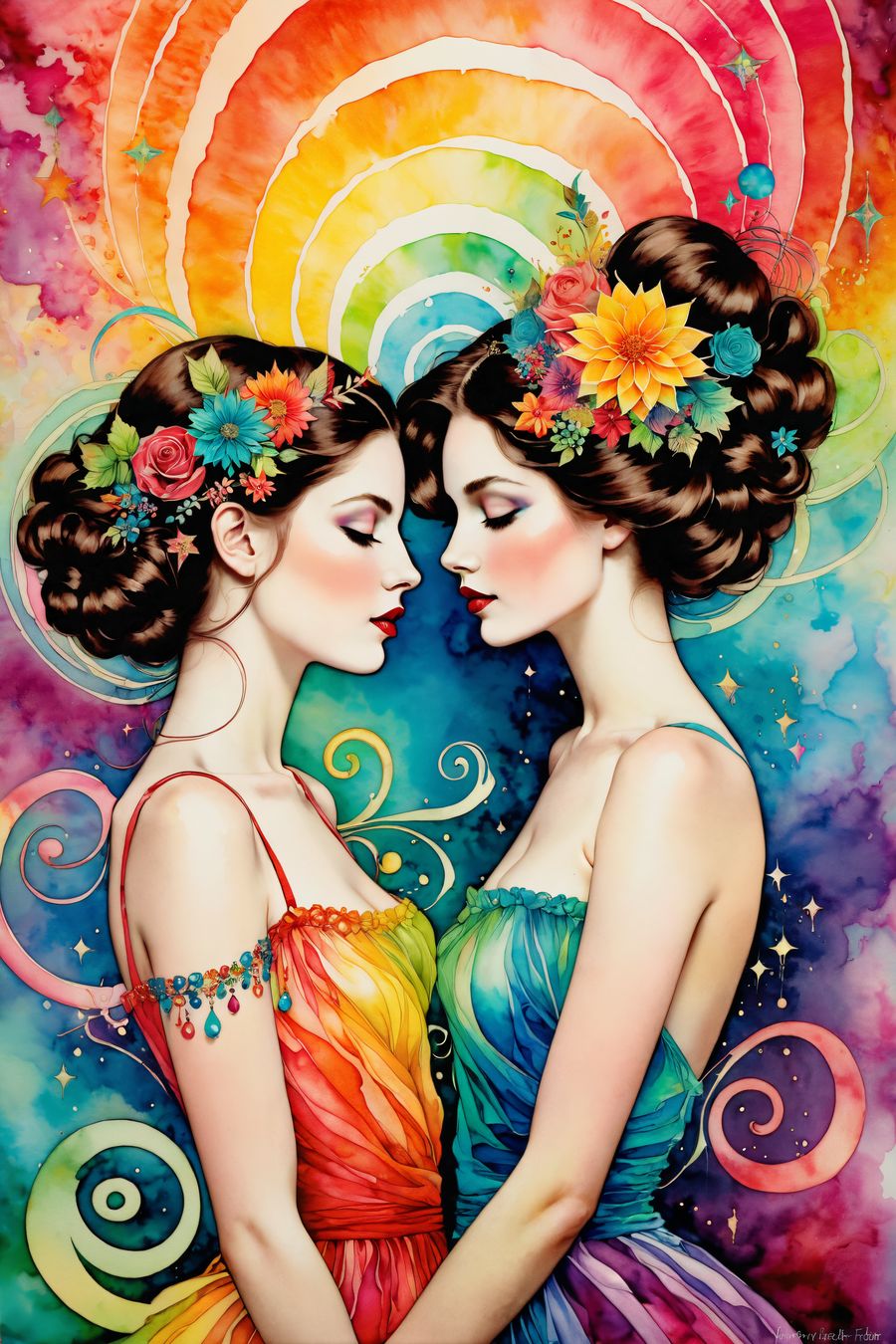 In a vibrant and visually stunning scene, the picture features two girls in love, depicted with a psychedelic theme. The artwork is rich with swirling colors and abstract patterns, creating a sense of whimsy and surrealism that encapsulates the essence of love in a fantastical setting.