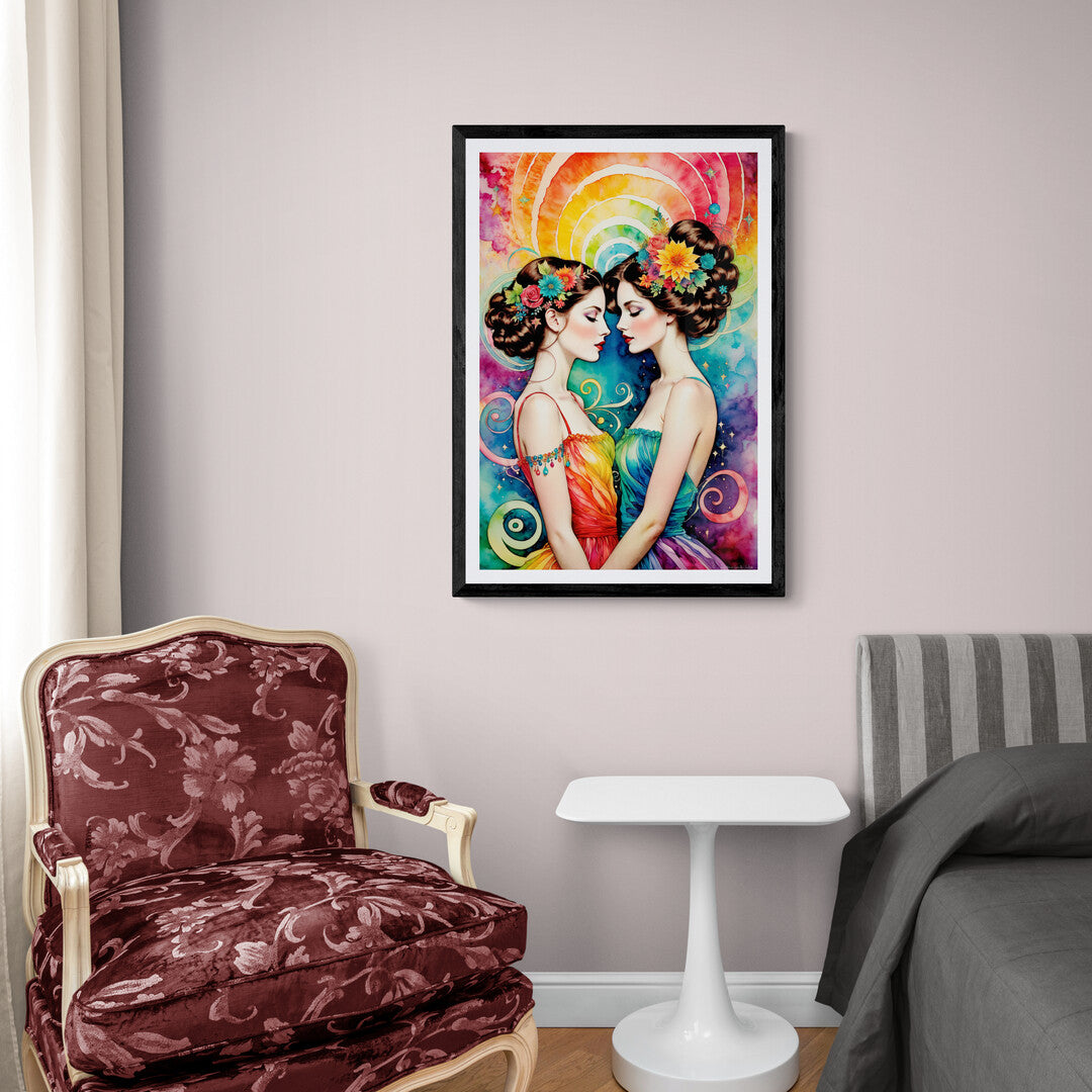 In a vibrant and visually stunning scene, the picture features two girls in love, depicted with a psychedelic theme. The artwork is rich with swirling colors and abstract patterns, creating a sense of whimsy and surrealism that encapsulates the essence of love in a fantastical setting.