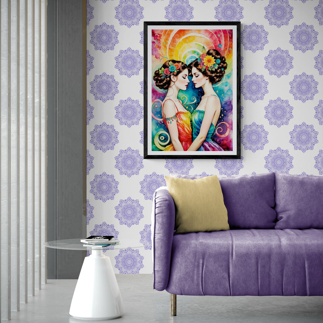 In a vibrant and visually stunning scene, the picture features two girls in love, depicted with a psychedelic theme. The artwork is rich with swirling colors and abstract patterns, creating a sense of whimsy and surrealism that encapsulates the essence of love in a fantastical setting.