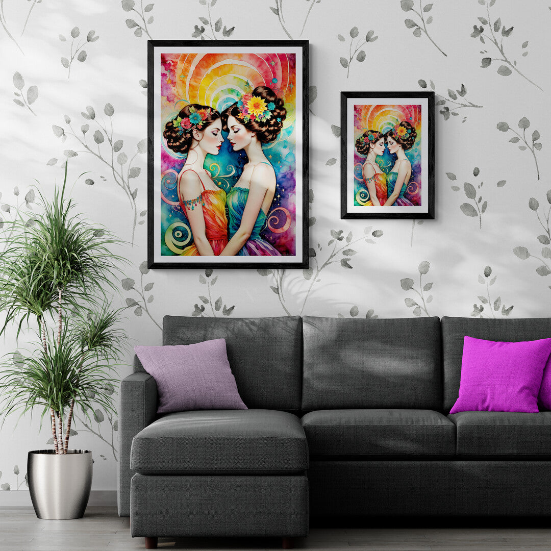 In a vibrant and visually stunning scene, the picture features two girls in love, depicted with a psychedelic theme. The artwork is rich with swirling colors and abstract patterns, creating a sense of whimsy and surrealism that encapsulates the essence of love in a fantastical setting.