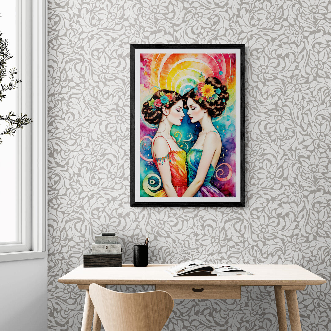 In a vibrant and visually stunning scene, the picture features two girls in love, depicted with a psychedelic theme. The artwork is rich with swirling colors and abstract patterns, creating a sense of whimsy and surrealism that encapsulates the essence of love in a fantastical setting.