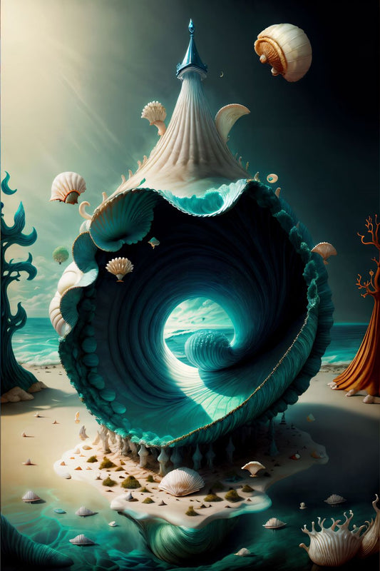 In this captivating wall art, we are drawn into a mesmerizing world that blurs the boundaries between reality and the surreal. At the center of the composition lies a single seashell, but it is not just an ordinary seashell – it is a portal to a realm of psychedelic wonder.