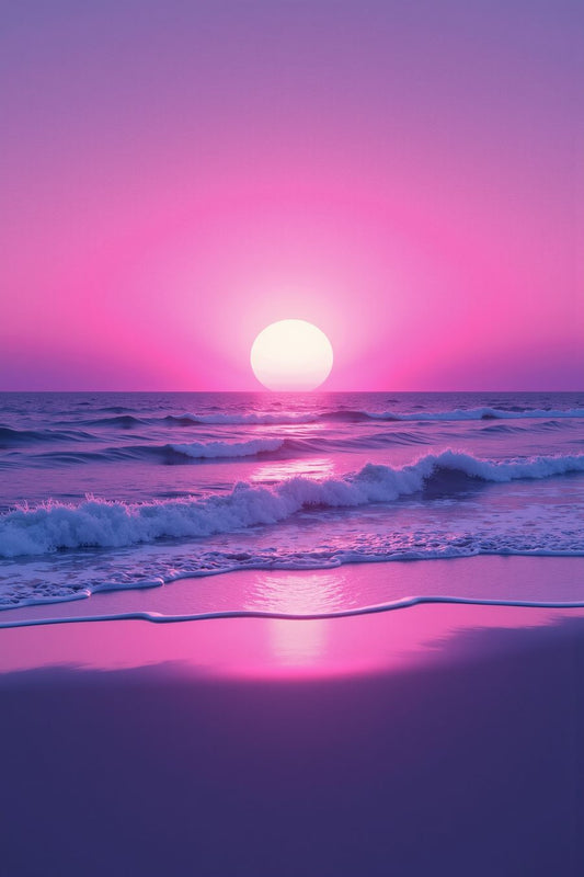 The image shows a serene beach scene at either sunset or sunrise. The sky features a gradient of pink hues, transitioning from deep magenta at the top to lighter pink near the horizon. A large, round sun sits just above the horizon, casting a warm glow across the scene. The ocean is depicted in shades of purple and pink, with gentle waves lapping onto the shore.