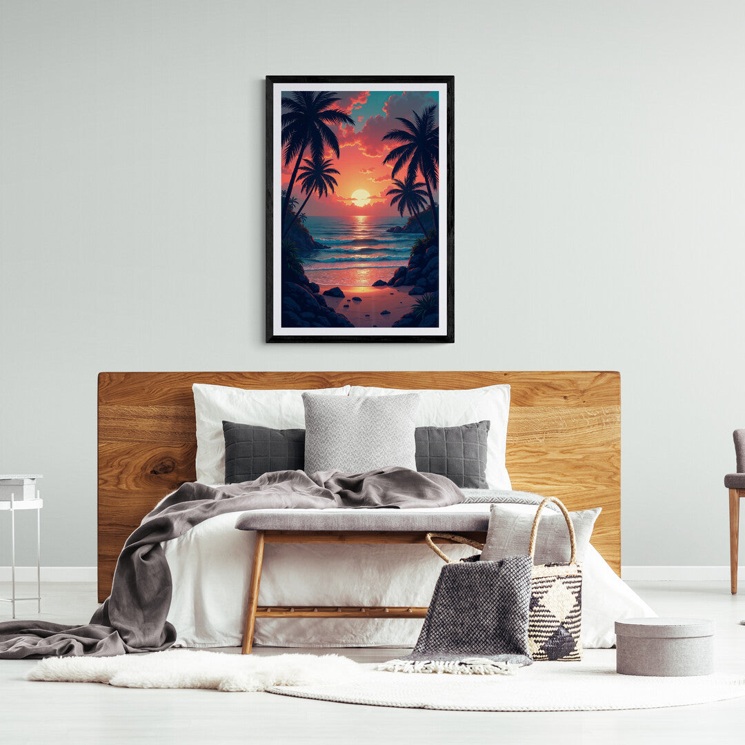 Radiance of Tranquility premium poster showcasing a serene beach sunset with vivid orange and pink hues