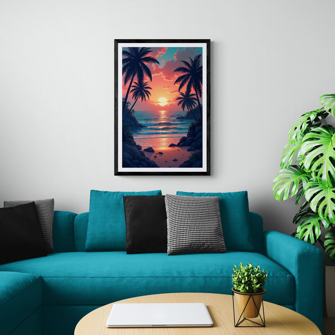 Beautiful sunset art print for home decor, highlighting peaceful ocean waves and glowing skies