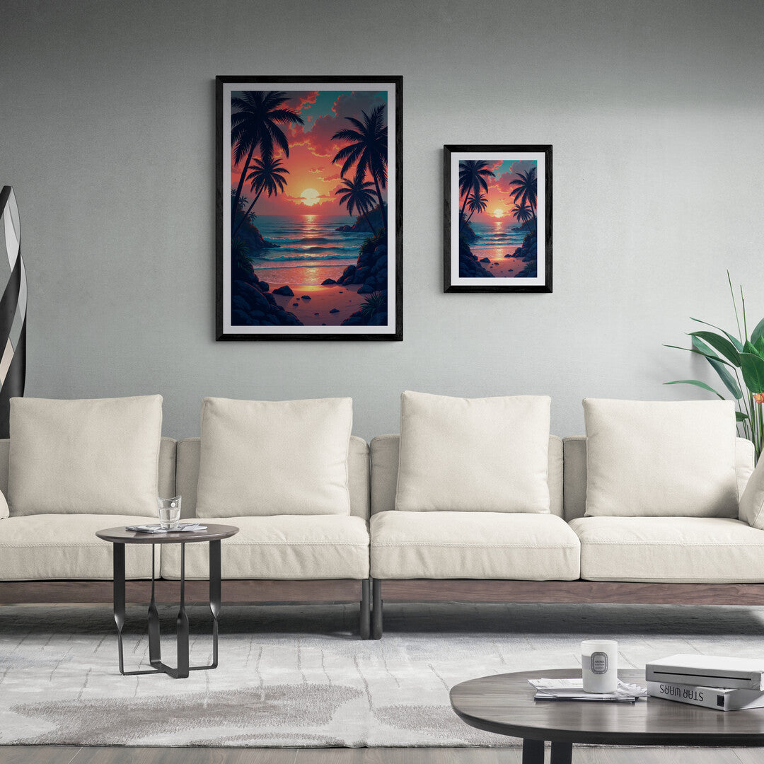 Shop online for high-quality wall art of a tropical paradise sunset with calm waves and silhouetted palm trees