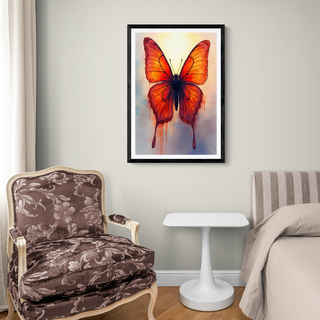 The picture features a vibrant red butterfly with delicate, symmetrical wings spread wide. Its wings are adorned with intricate patterns, combining different shades of red, from deep crimson to lighter scarlet, with small, black accents along the edges. The butterfly stands out against a soft, blurred background, which might be green foliage or a neutral color, ensuring all attention is drawn to its striking beauty. The image captures the elegance and fragility of the butterfly, evoking a sense of grace and