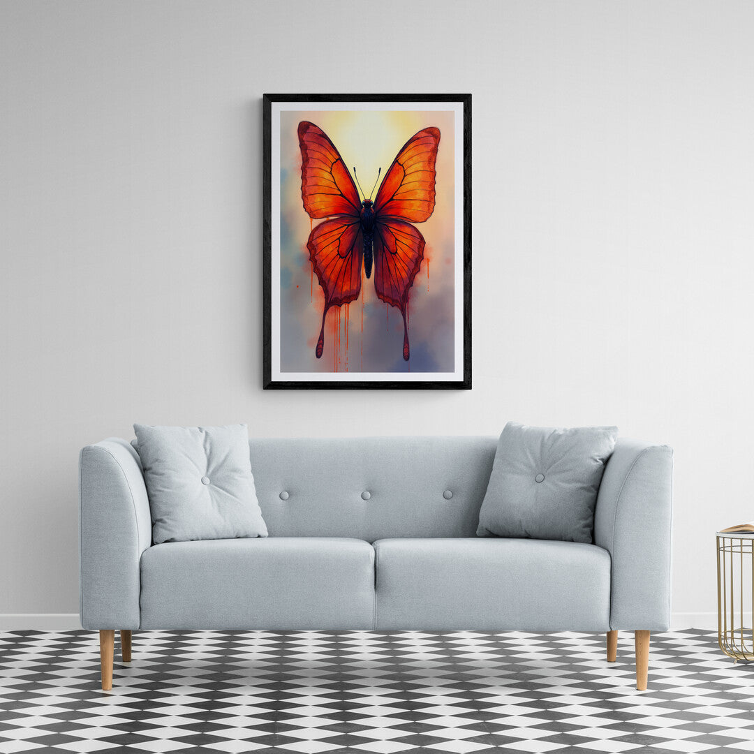 The picture features a vibrant red butterfly with delicate, symmetrical wings spread wide. Its wings are adorned with intricate patterns, combining different shades of red, from deep crimson to lighter scarlet, with small, black accents along the edges. The butterfly stands out against a soft, blurred background, which might be green foliage or a neutral color, ensuring all attention is drawn to its striking beauty. The image captures the elegance and fragility of the butterfly, evoking a sense of grace and