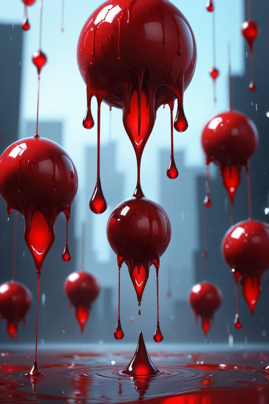 The picture features a surreal display of red, dripping bubbles suspended in mid-air. The bubbles are glossy and translucent, with rich, deep red hues that resemble liquid droplets. Each bubble appears to be in the process of slowly dripping or melting, with small streams of red liquid trailing from their undersides, creating a sense of fluidity and motion.