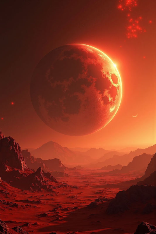 The image depicts a dramatic science fiction landscape. It features a large celestial body, resembling a moon or planet, looming over a rugged, mountainous terrain that is bathed in red and orange hues, suggesting an otherworldly or Martian environment. The sky is filled with shades of deep red and orange, with smaller celestial bodies visible in the distance. The rugged terrain is detailed with sharp peaks and valleys, creating a sense of harshness and alien beauty. This image is interesting due to its evo