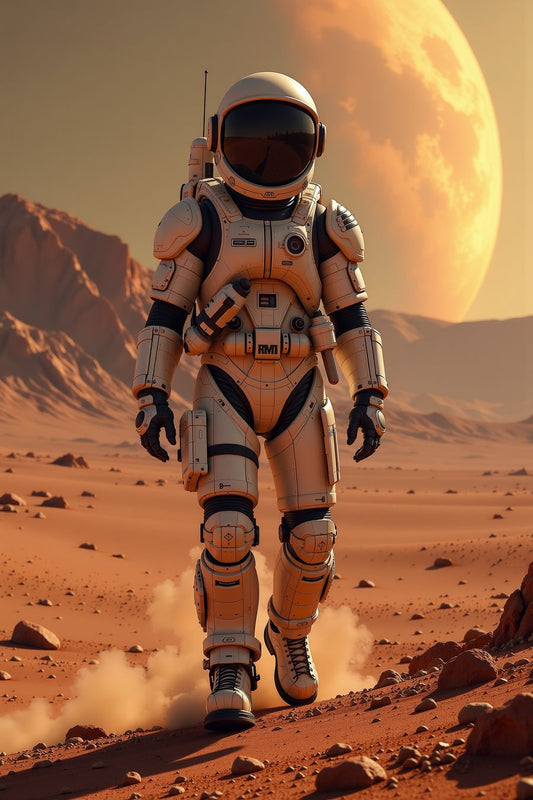 The image shows a futuristic astronaut walking across a Mars-like desert landscape. The astronaut is clad in a high-tech, white spacesuit with black and gray details, giving a sleek and advanced appearance. The suit appears bulky and protective, featuring multiple layers of armor plating, various utility pouches, and built-in technological components, including communication devices and control panels. The helmet is large with a dark, reflective visor, obscuring the astronaut's face and adding an element of