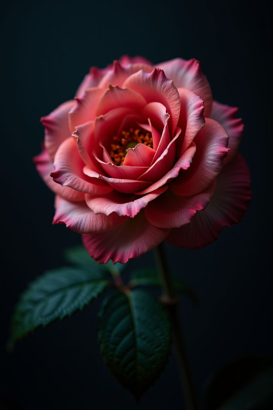 This image showcases a single, exquisite rose in striking detail. The flower, which appears to be in full bloom, has layers of delicate petals that radiate outward from a deep center. The petals are soft, velvety, and vary in shades of pink and red, with a subtle gradient that transitions from a deep coral at the center to a lighter, almost white, hue at the edges. The edges of the petals are slightly ruffled, adding texture and dimension to the flower's form.