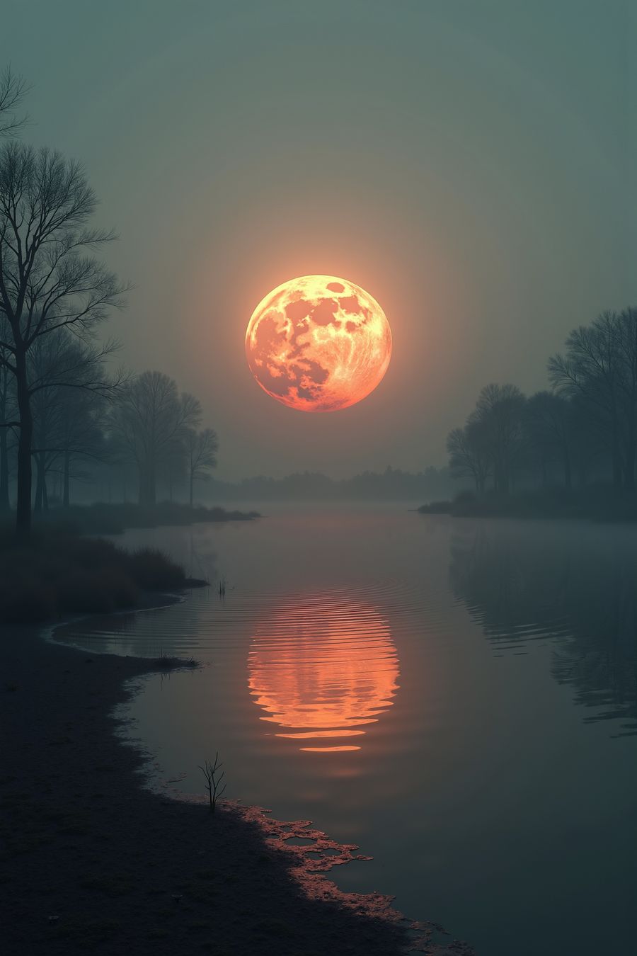 Crimson moon reflecting on a serene lake surrounded by misty trees, perfect for premium art prints and home decor wall art.