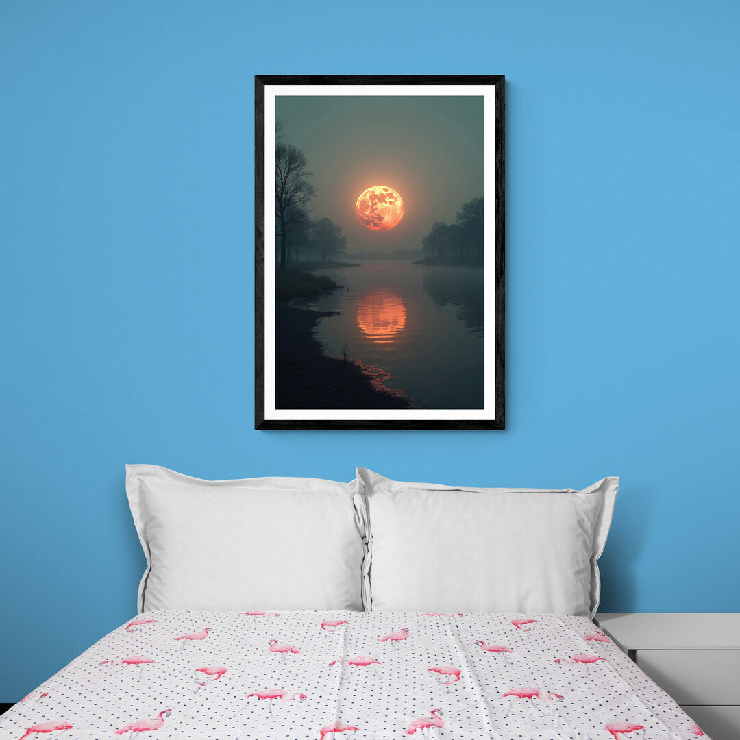 Ethereal red moonrise over calm waters, ideal for wall art and high-quality posters to elevate your home decor.