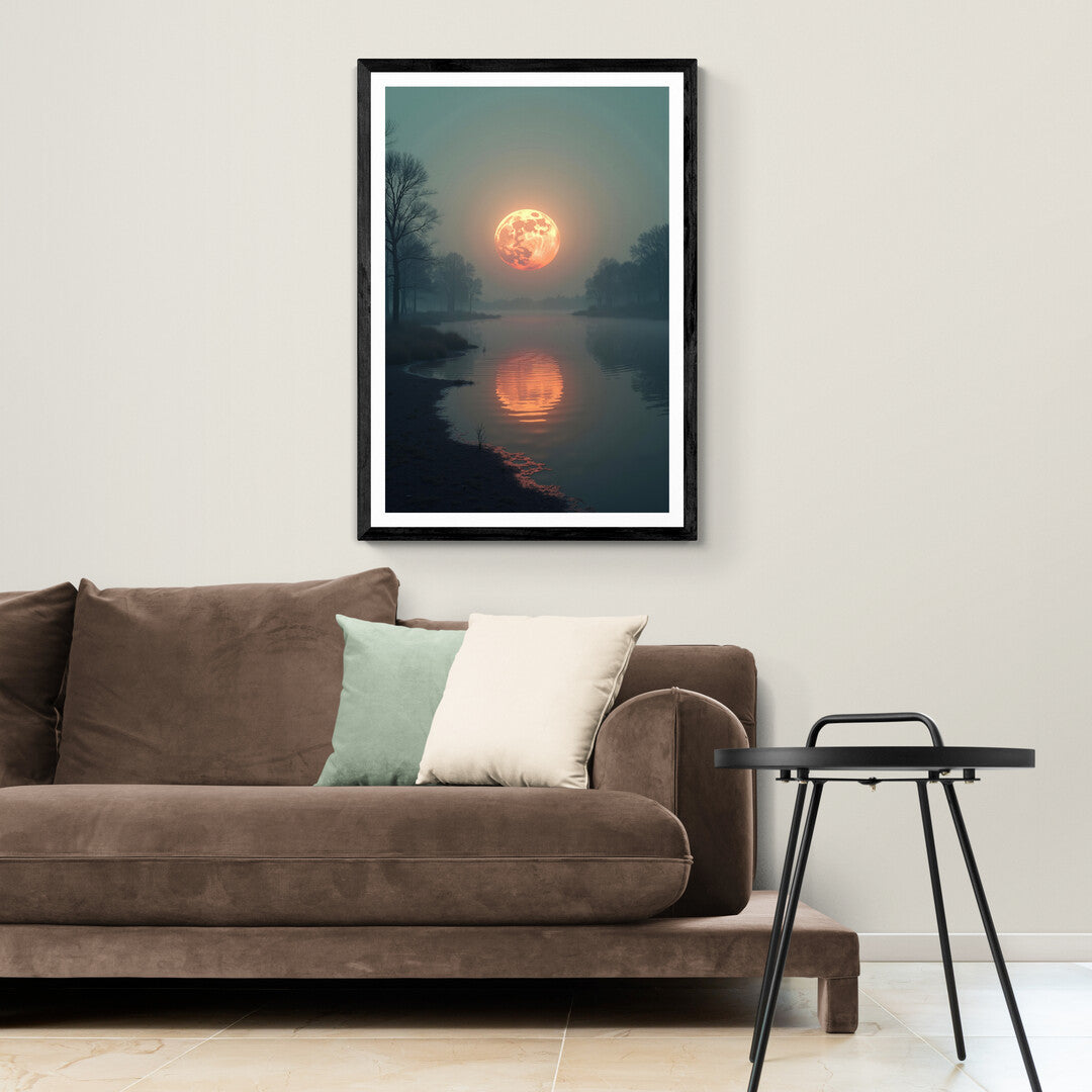 Atmospheric crimson moon landscape for art prints and posters, enhancing modern home decor with elegance and drama.