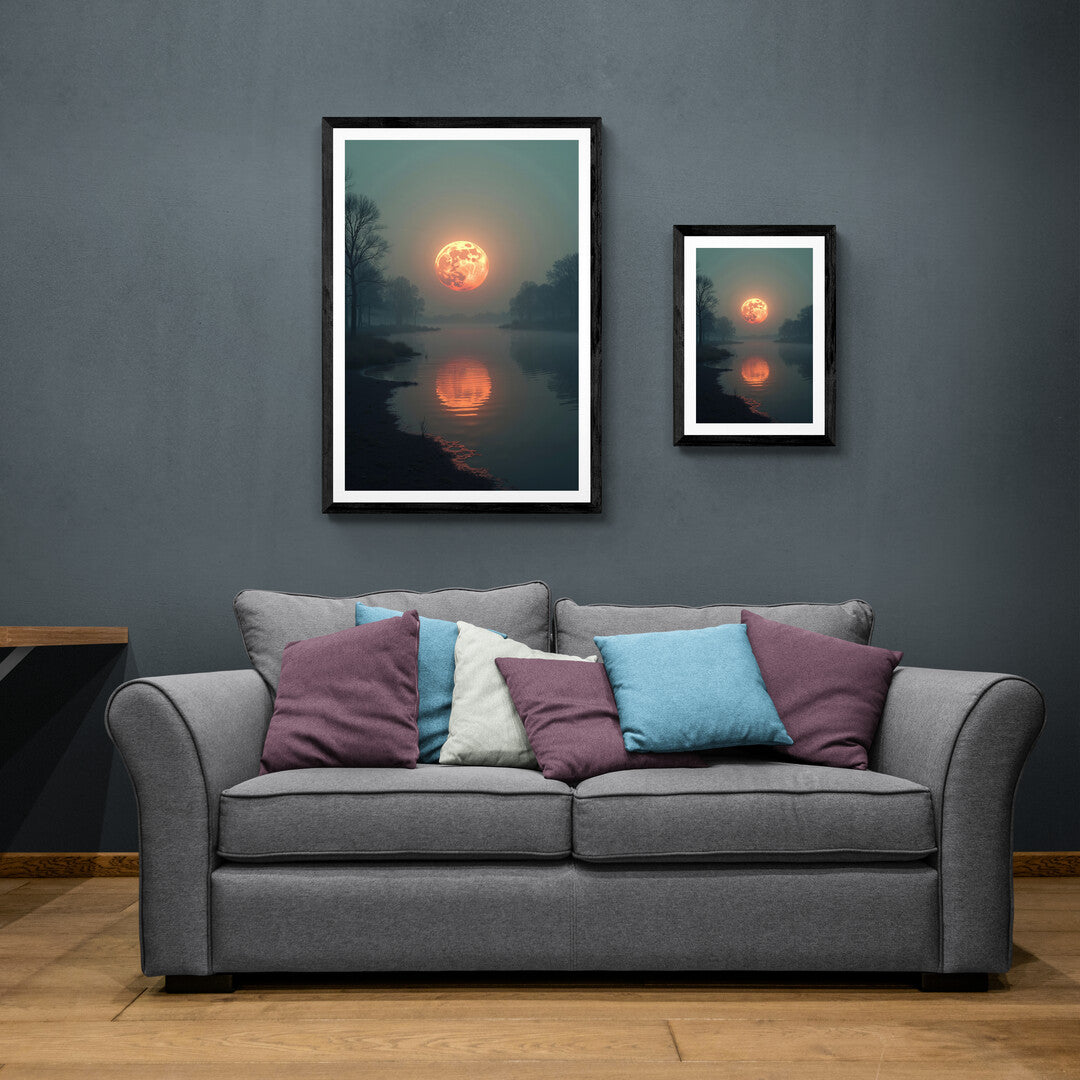 Mystical scene of a fiery moon and its reflection on a tranquil lake, perfect for premium art prints and online wall art shopping